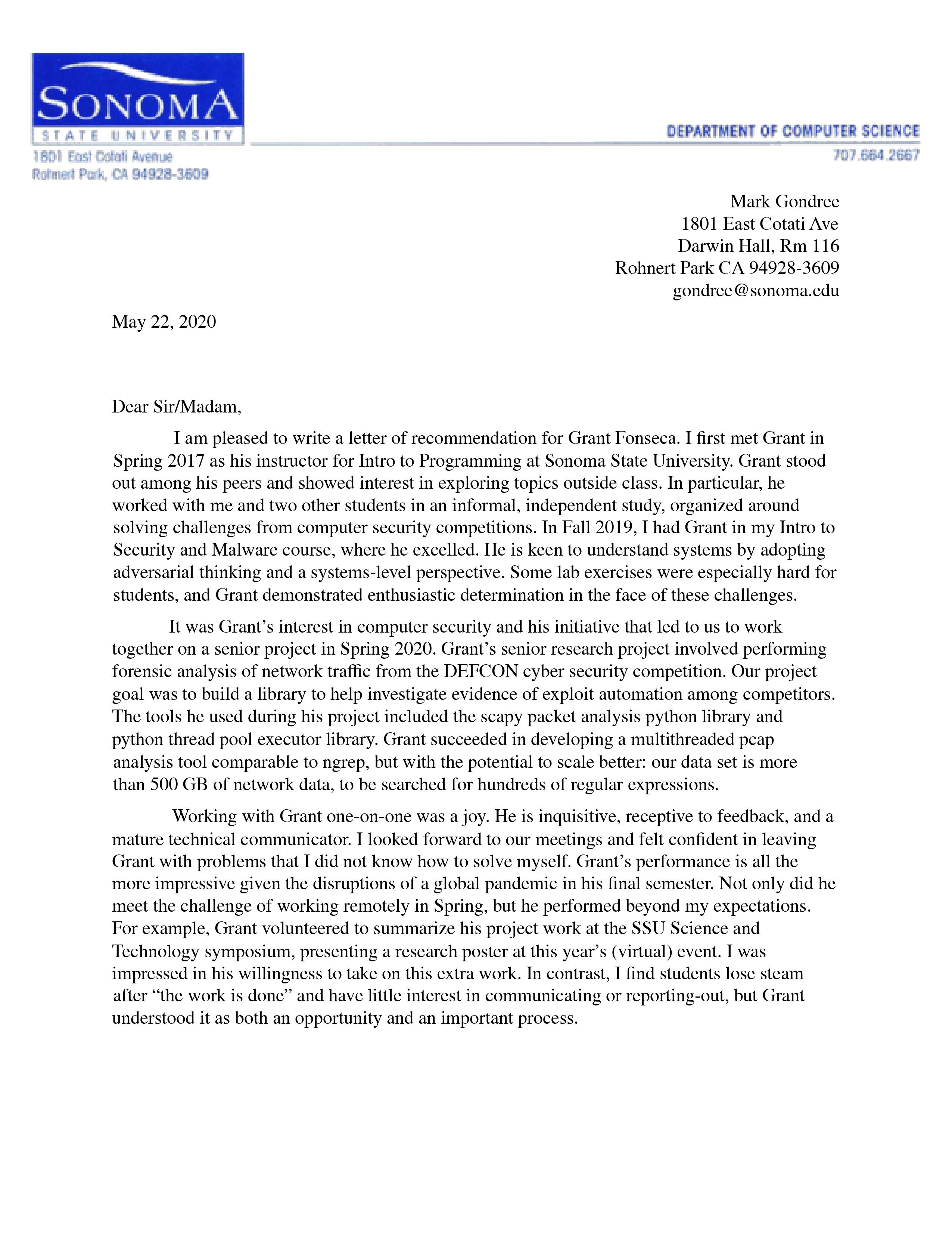 Sonoma State University professor letter